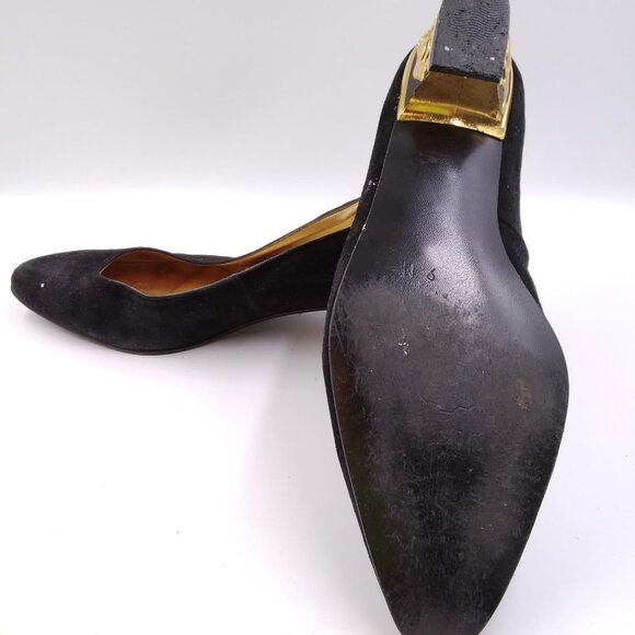 Womans Ladies Black Suede Slip On Gold Panther Heels Pumps Shoes Size 9M - Picture 6 of 9